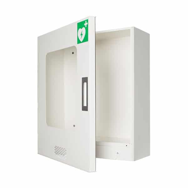 AED Wandschrank mit Alarm
weiß, verzinktes Blech, pulverbeschichtet, Sichtfenster, mit Magnetverschluss,
akustisches Alarmsignal 90 dB, Abmessung: 364 x 425 x 155 mm (BxHxT)